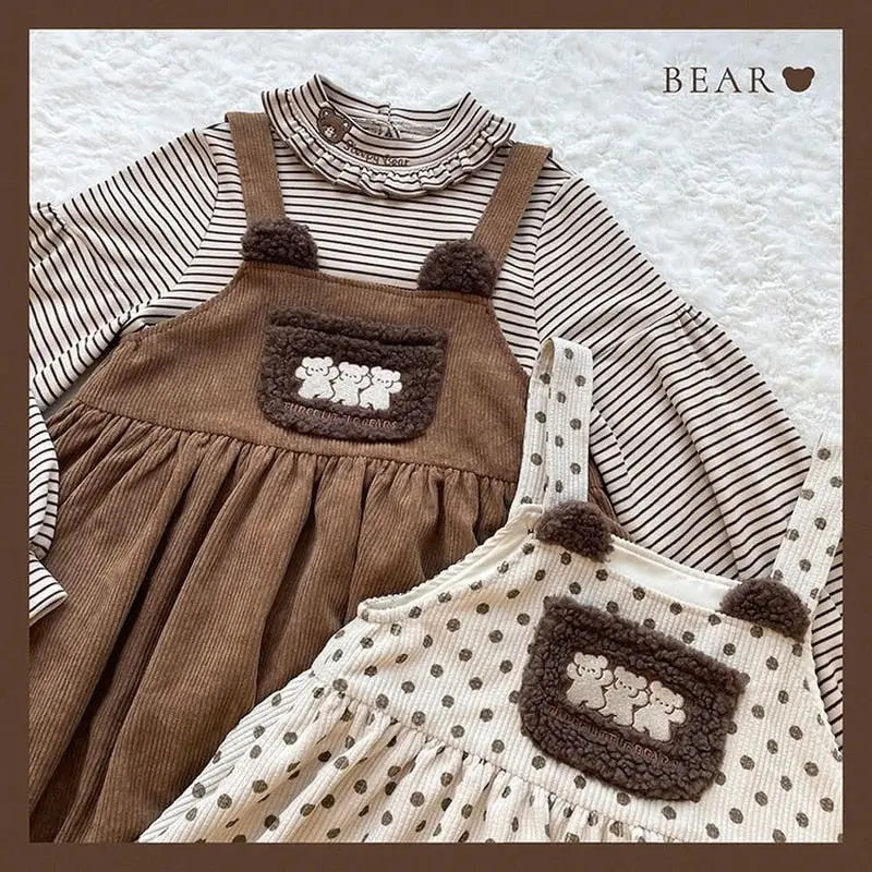 Corduroy Teddy Overall Dress in Brown or Polkadot Print - dress