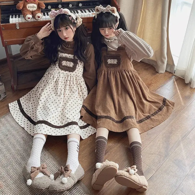 Corduroy Teddy Overall Dress in Brown or Polkadot Print - dress