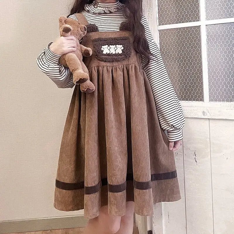Corduroy Teddy Overall Dress in Brown or Polkadot Print - Cosparty