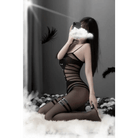 Corset Style Black Mesh See - Through Bodystocking with Garters - Cosparty