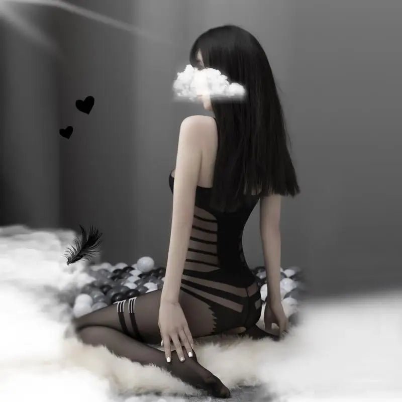 Corset Style Black Mesh See - Through Bodystocking with Garters - Cosparty