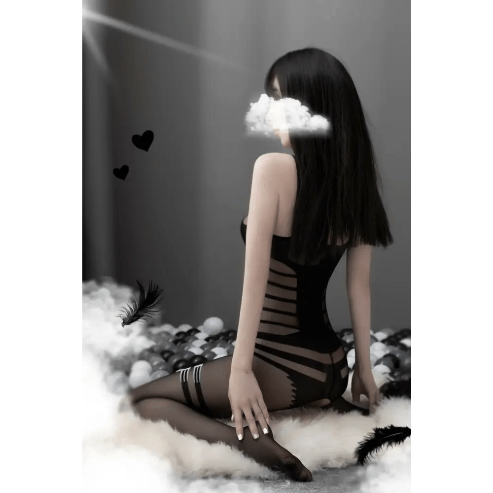 Corset Style Black Mesh See - Through Bodystocking with Garters - Cosparty