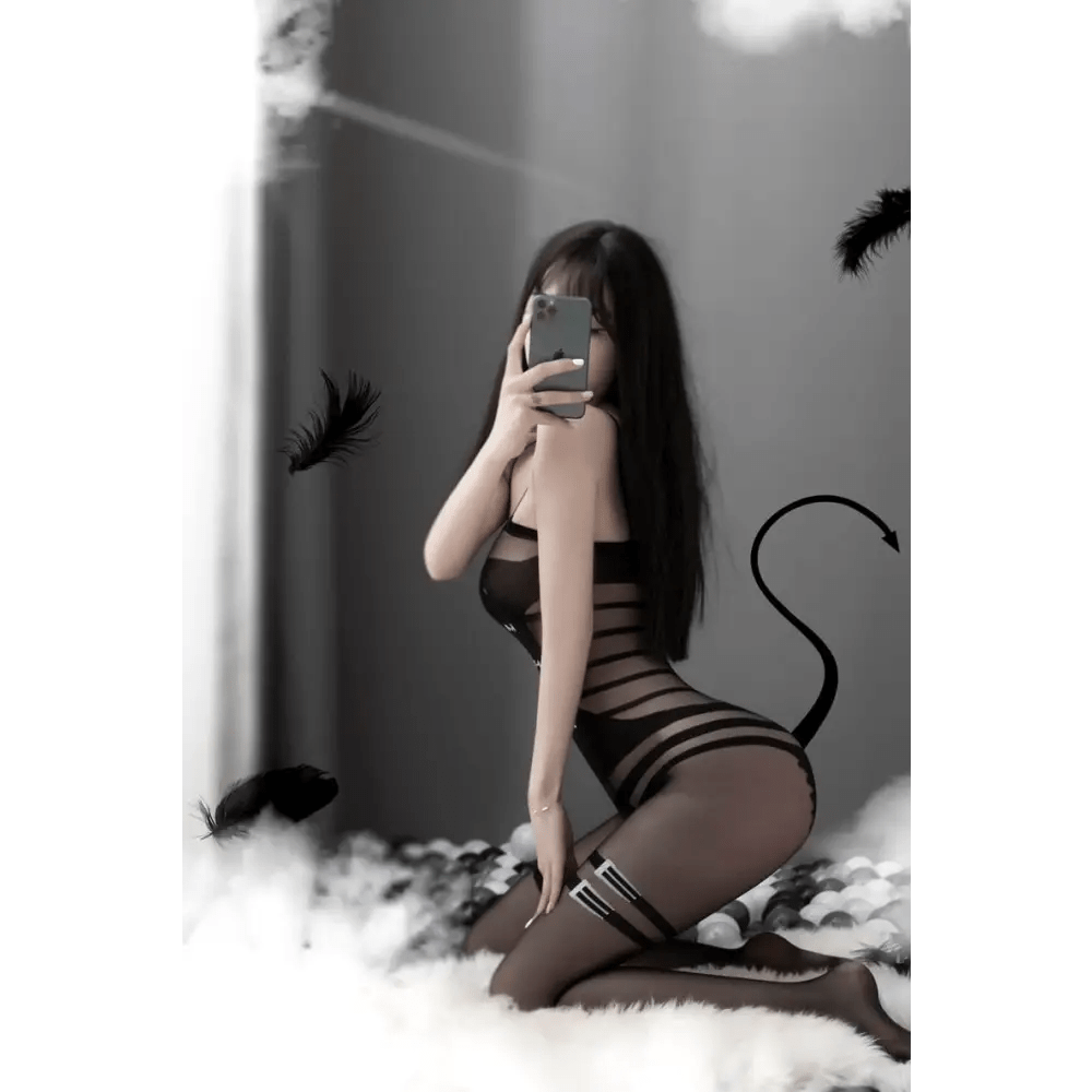 Corset Style Black Mesh See - Through Bodystocking with Garters - Cosparty