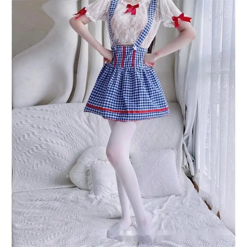 Country Alice in Wonderland Blue and White Plaid Lingerie Set - Cosparty