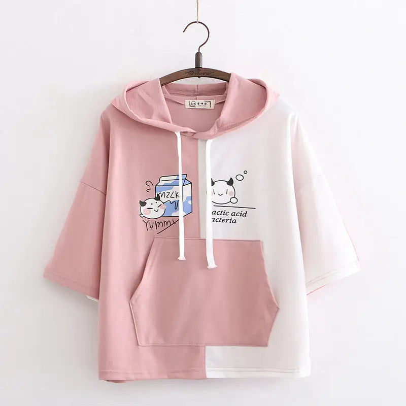 Cow’s Milk Hoodie with Sailor Collar in Blue or Pink - Pink - sweater