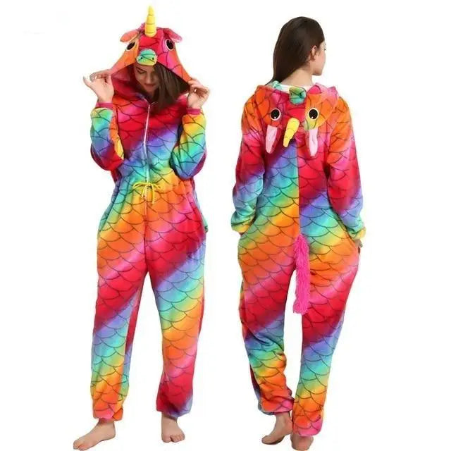 Cozy Kigurumi Costumes in Blue Unicorn and Pink Unicorn Styles - Bright Rainbow Unicorn / S - onesie