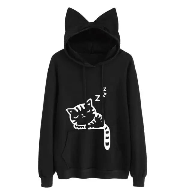 Black Sleepy Kitten Sleeping Cat Sweater Hoodie Cat Ears Sweatshirt