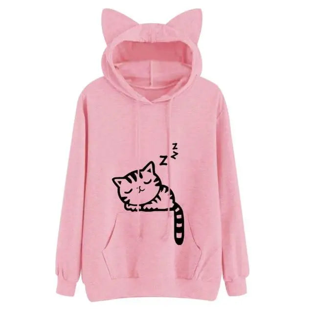 Cozy Kitten Pullover Hoodie for Sleepy Cat Lovers - Pink / S - sweater