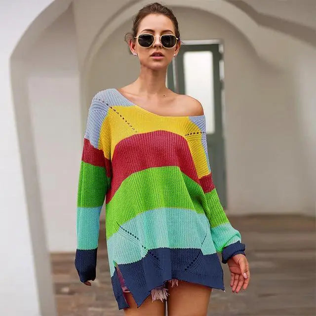 Rainbow Sweater Dress - Dark Rainbow Colors / S - dress