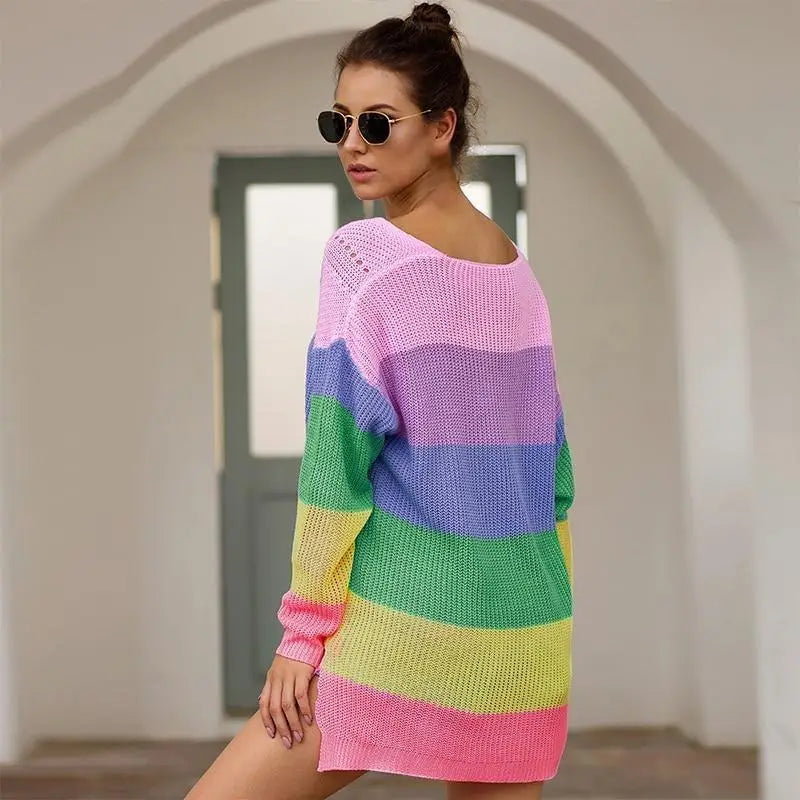 Cozy Long Sleeve Sweater Dress in Bright Rainbow Colors Org Instock - dress