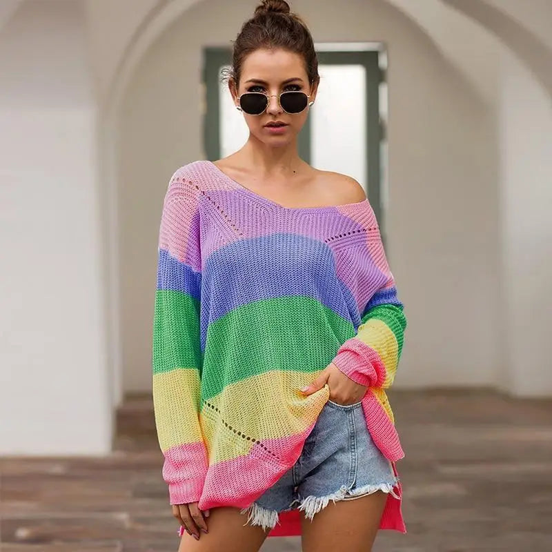 Cozy Long Sleeve Sweater Dress in Bright Rainbow Colors Org Instock - dress