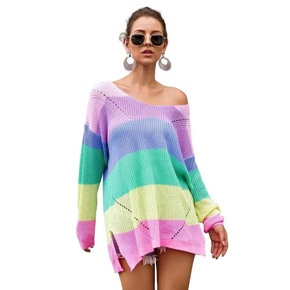Cozy Long Sleeve Sweater Dress in Bright Rainbow Colors Org Instock - Cosparty