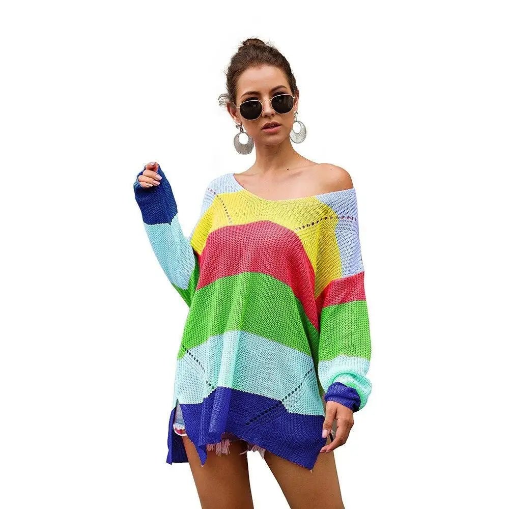 Cozy Long Sleeve Sweater Dress in Bright Rainbow Colors Org Instock - Cosparty