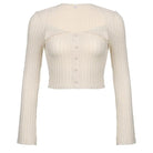 Cream Knit Cropped Sweater in Striped Cable Knit Fabric - sweater