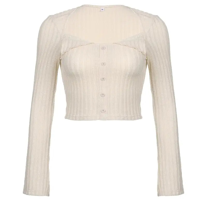 Cream Knit Cropped Sweater in Striped Cable Knit Fabric - sweater