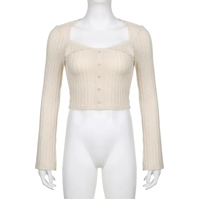 Cream Knit Cropped Sweater in Striped Cable Knit Fabric - sweater