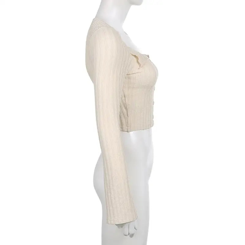 Cream Knit Cropped Sweater in Striped Cable Knit Fabric - sweater