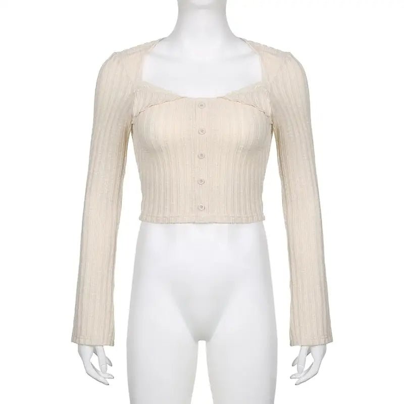 Cream Knit Cropped Sweater in Striped Cable Knit Fabric - Cosparty