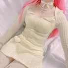 Cream Knit Cropped Sweater in Striped Cable Knit Fabric - Cosparty