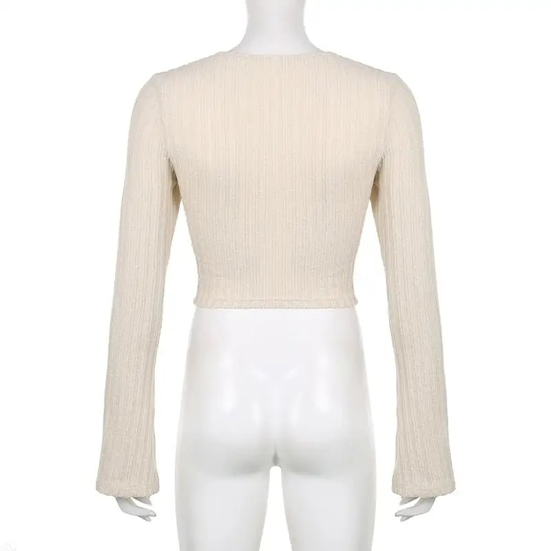 Cream Knit Cropped Sweater in Striped Cable Knit Fabric - Cosparty