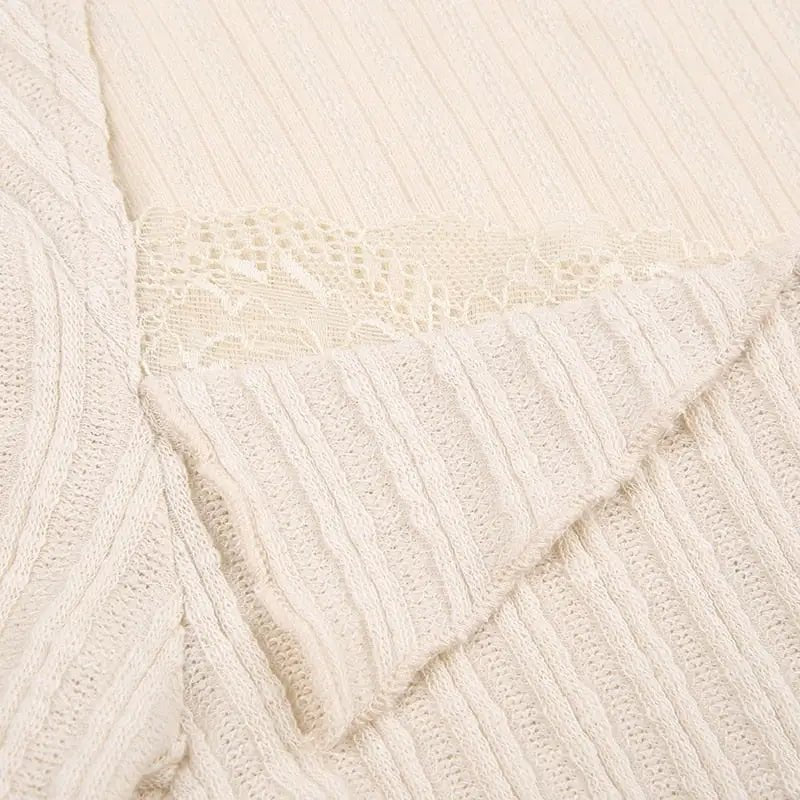 Cream Knit Cropped Sweater in Striped Cable Knit Fabric - Cosparty