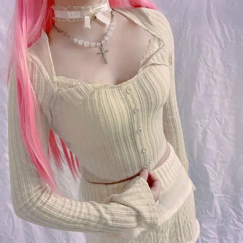 Cream Knit Cropped Sweater in Striped Cable Knit Fabric - Cosparty