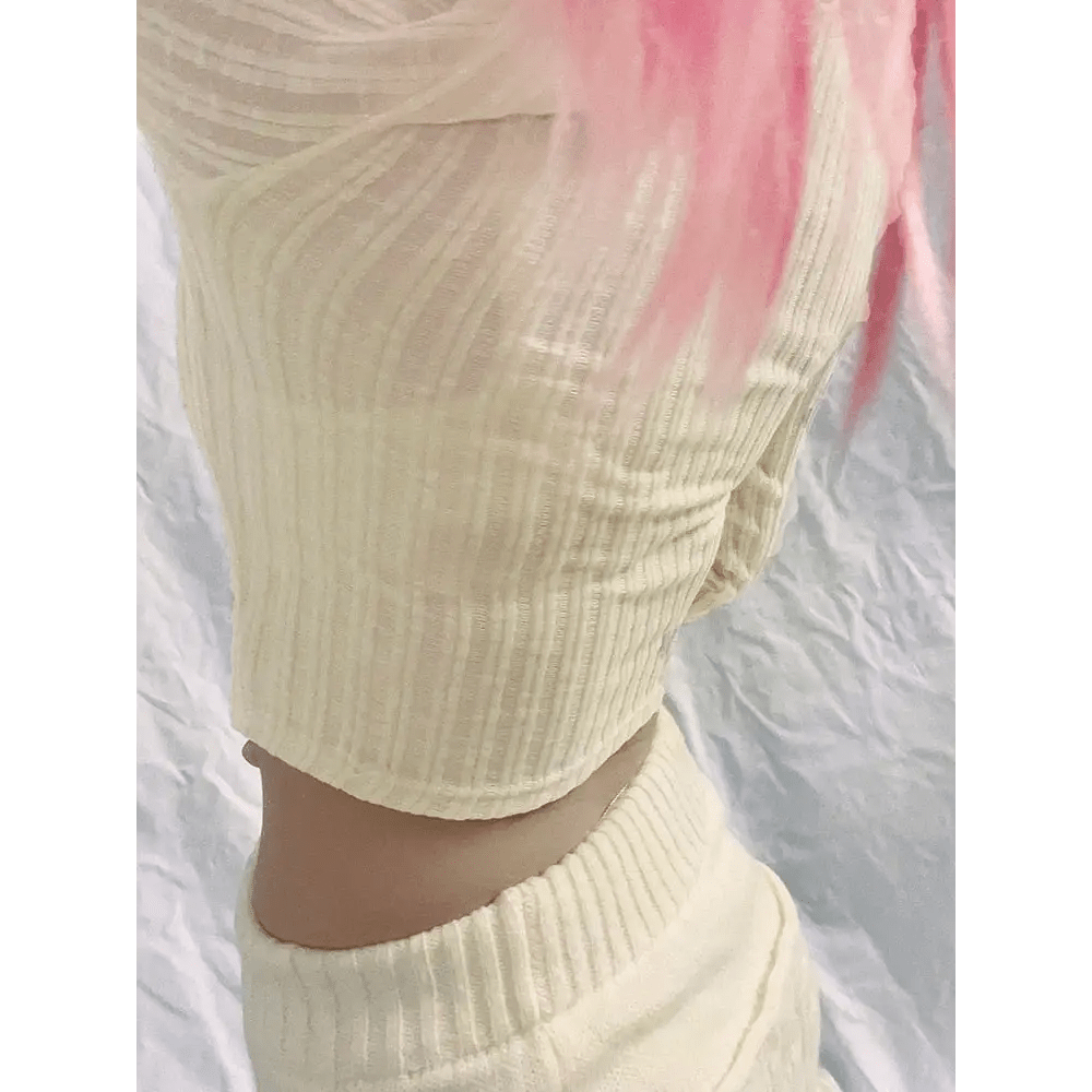 Cream Knit Cropped Sweater in Striped Cable Knit Fabric - Cosparty