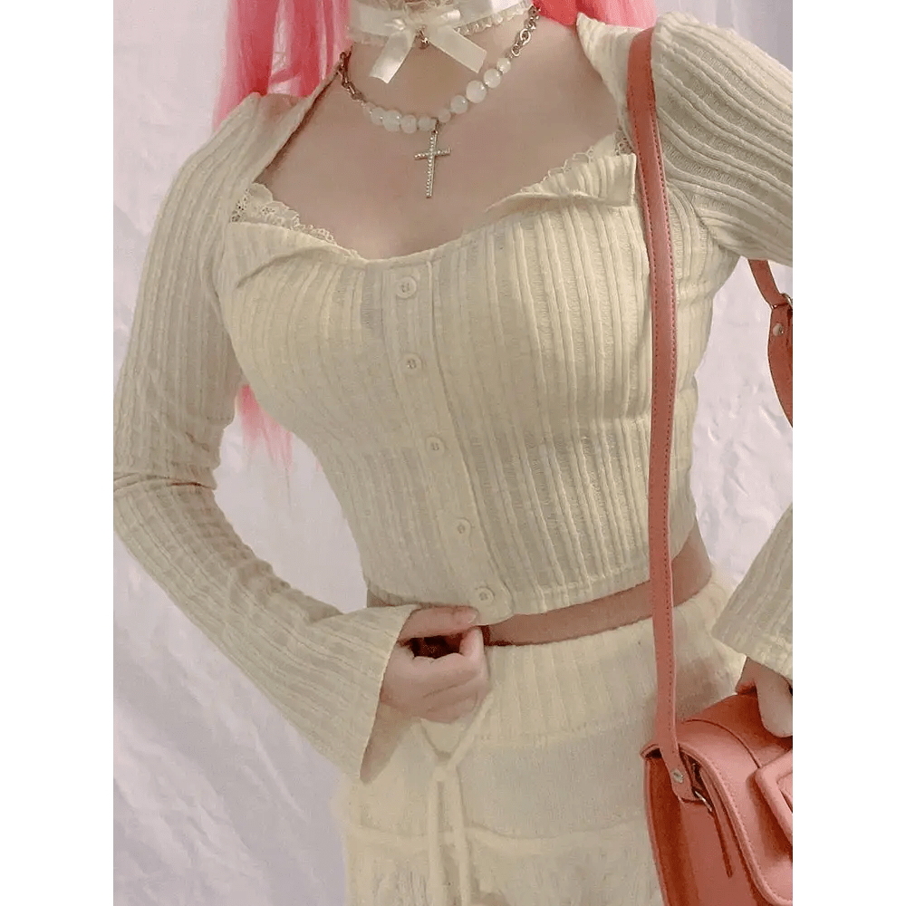 Cream Knit Cropped Sweater in Striped Cable Knit Fabric - Cosparty