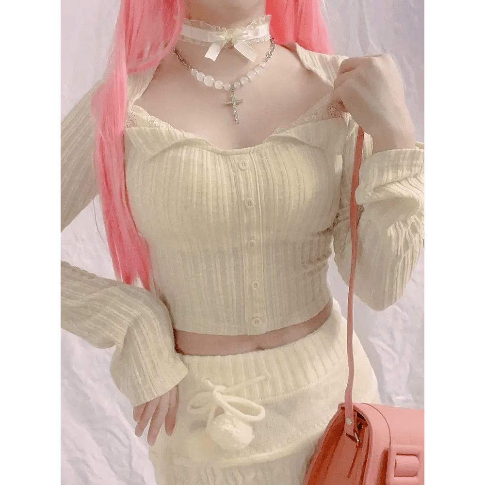 Cream Knit Cropped Sweater in Striped Cable Knit Fabric - Cosparty