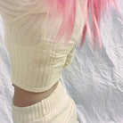 Cream Knit Cropped Sweater in Striped Cable Knit Fabric - Cosparty