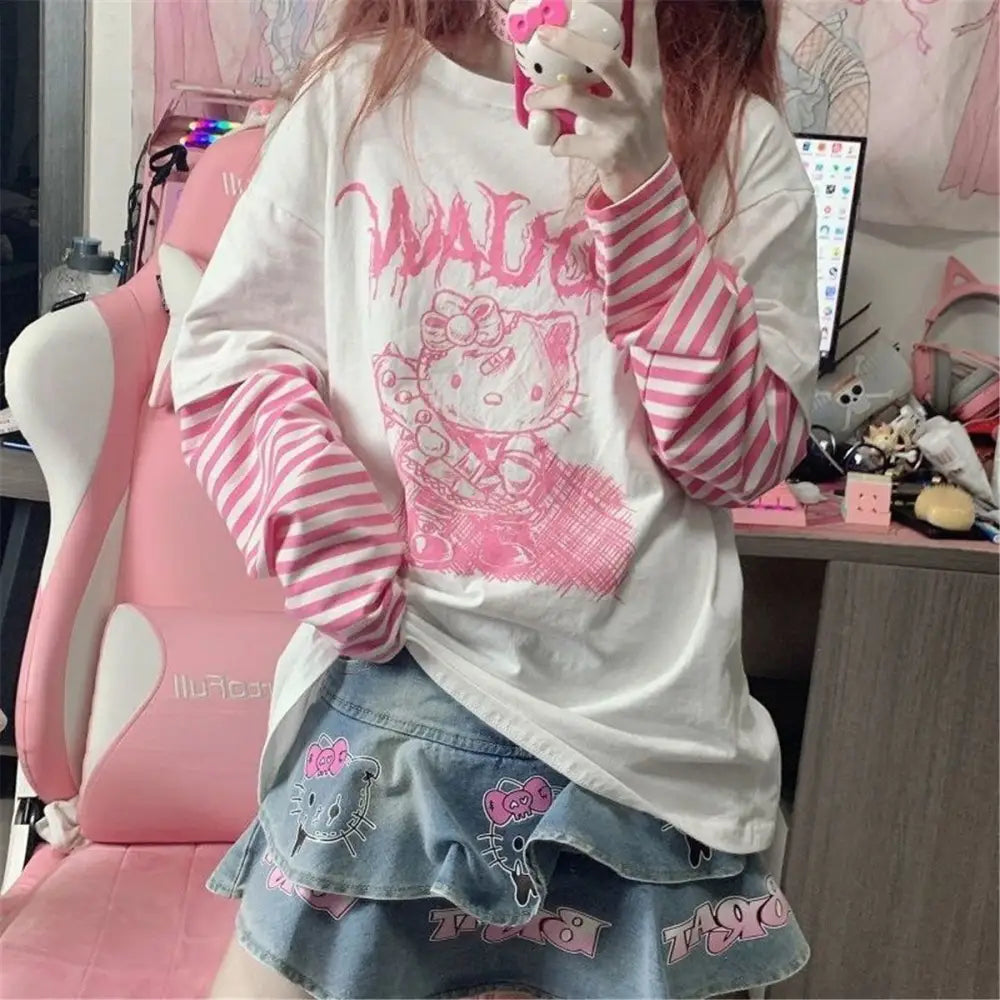 Menhera Kitty Long Sleeve Top - Pink / S - creepy cute, hello kitty, long sleeve, sleeved, menhera