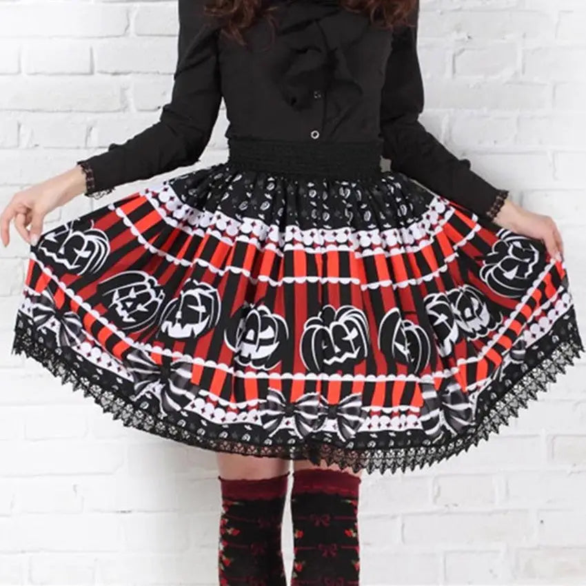 Creepy Cute Jack-o-Lantern Pumpkin Skirt for Year-Round Wear - S - Skirts