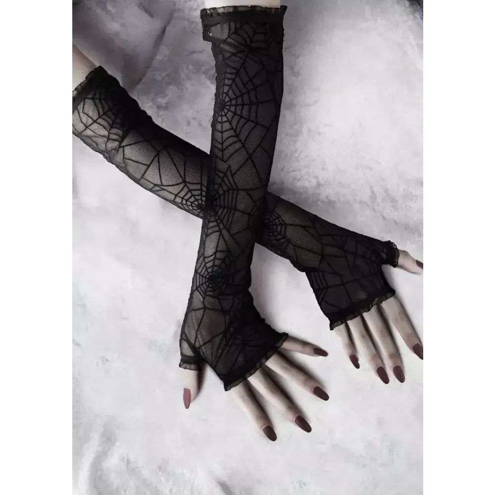 Creepy Cute Spider Web Fishnet Gloves for Gothic Styling - Black - accessories