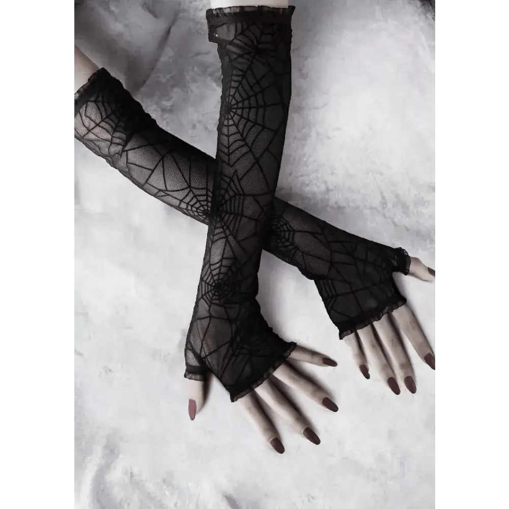Creepy Cute Spider Web Fishnet Gloves for Gothic Styling - Cosparty