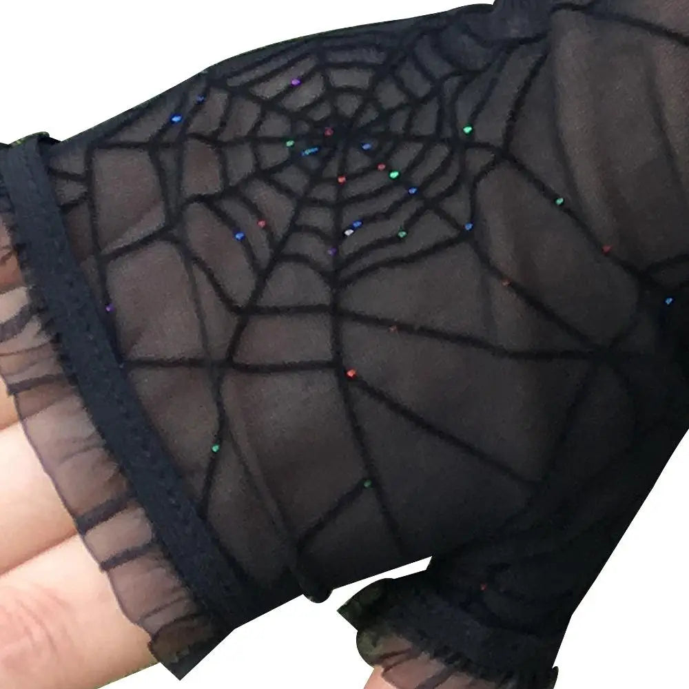 Creepy Cute Spider Web Fishnet Gloves for Gothic Styling - Black with Sequins - accessories