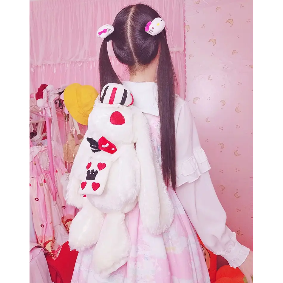 Creepy Cute White Rabbit Plush Bun Backpack for Gothic Fashion - backpack