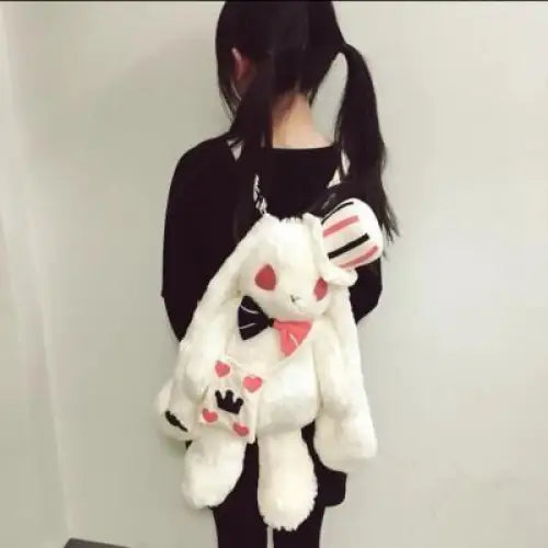 Creepy Cute White Rabbit Plush Bun Backpack for Gothic Fashion - backpack