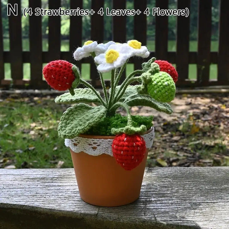 Crochet strawberry plants - berries - bonsai - crochet - home decor - decoration