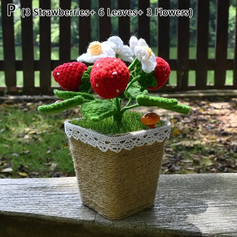 Crochet strawberry plants - berries - bonsai - crochet - home decor - decoration