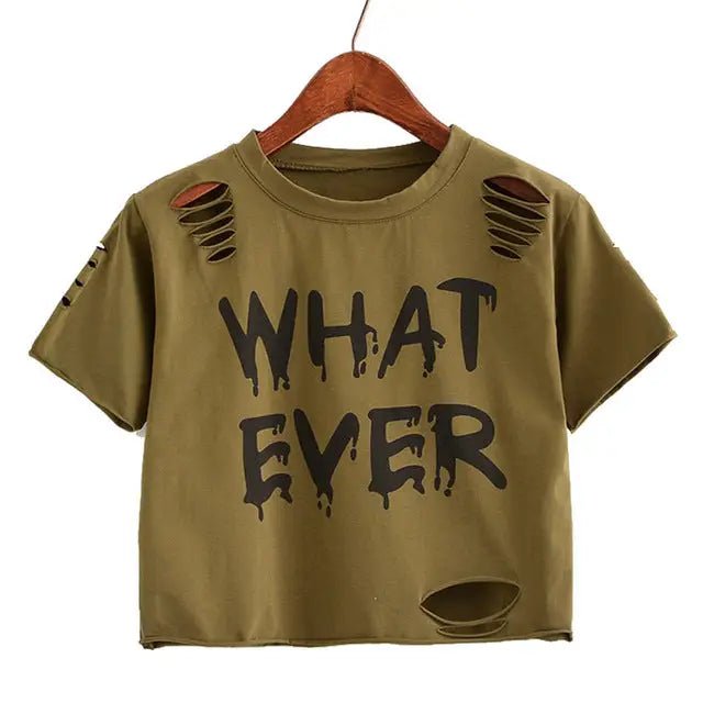 Cropped Punk Rock T-Shirt with Bold WHAT EVER Statement - Cosparty