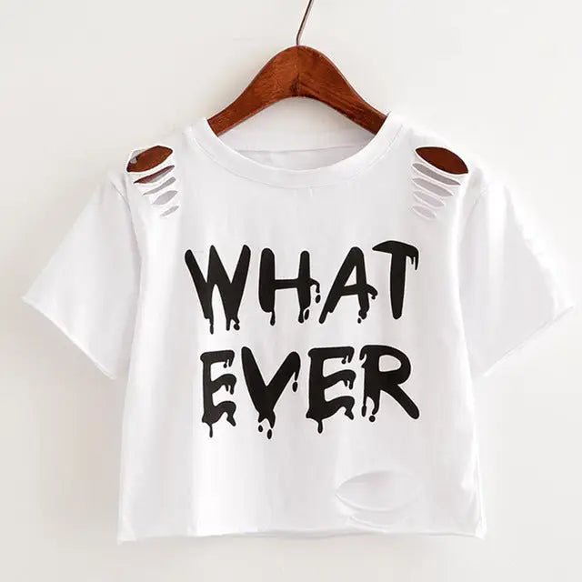 Cropped Punk Rock T-Shirt with Bold WHAT EVER Statement - Cosparty