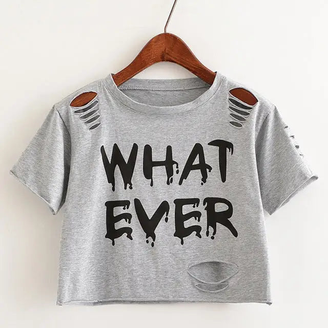 grey whatever crop top t-shirt belly tank edgy punk rock goth street fashion ripped distressed by Cosparty