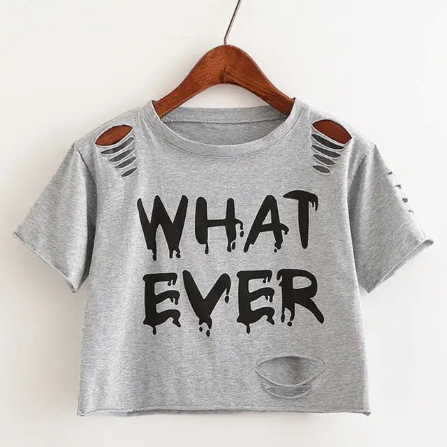 Cropped Punk Rock T-Shirt with Bold WHAT EVER Statement - Cosparty