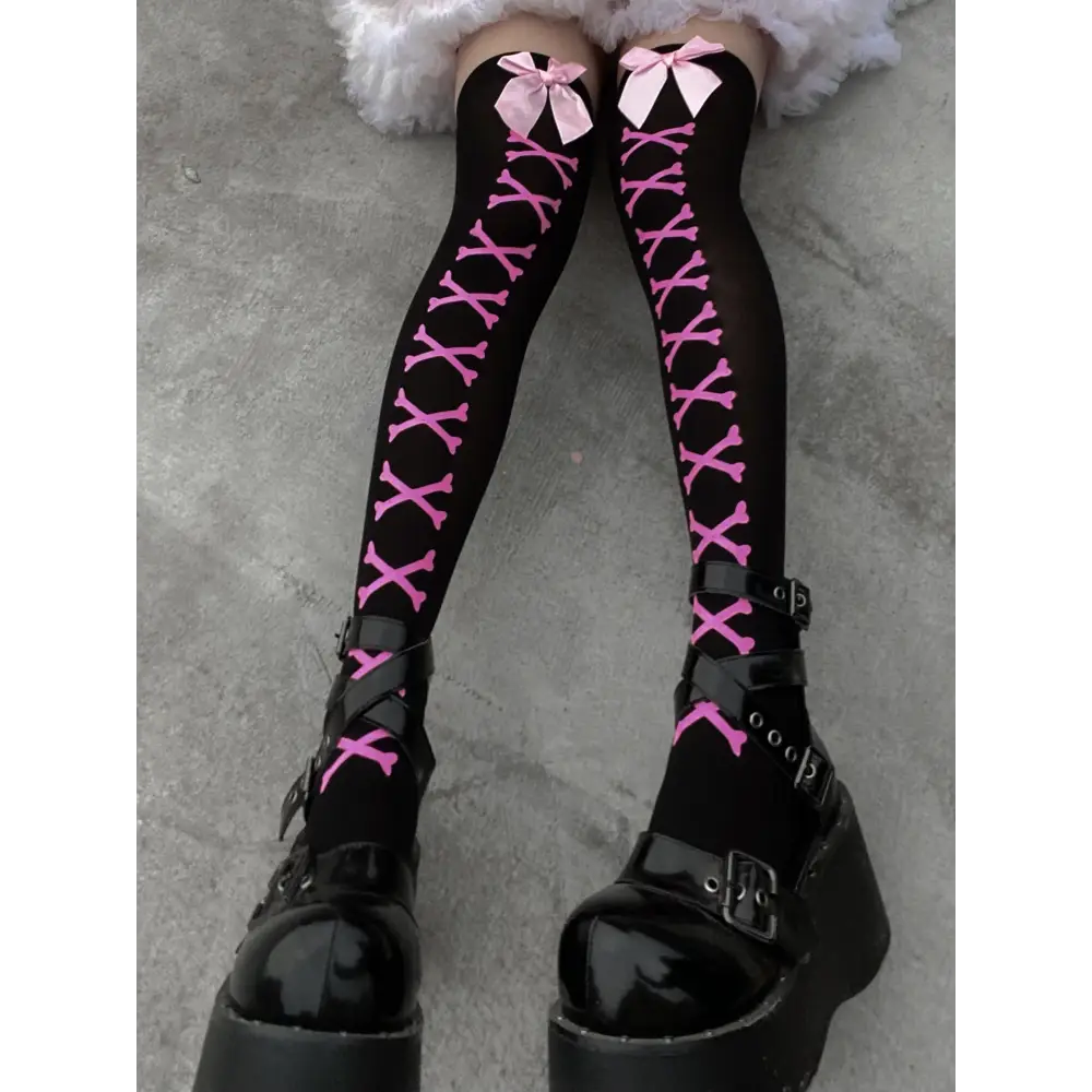 Crossbone Corset Thigh-High Socks for Endless Compliments - Pink - Socks