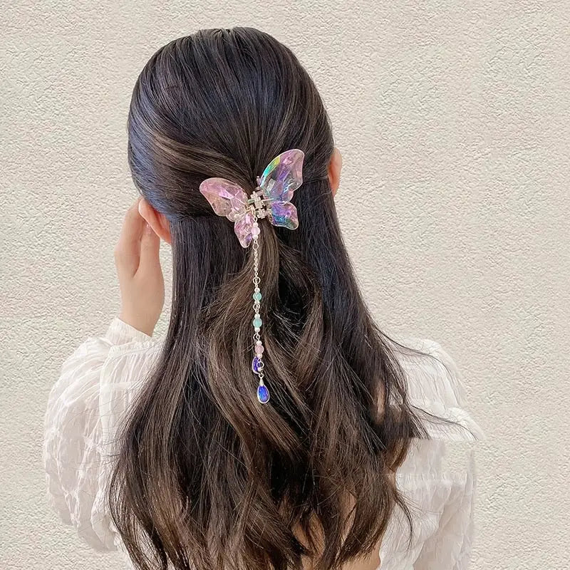 Crystal Butterfly Claw Hair Clip with Elegant Beaded Chains - hair accessory