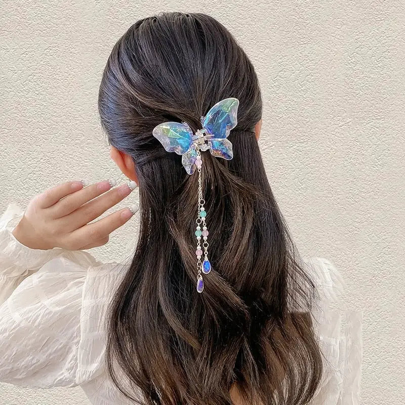 Crystal Butterfly Claw Hair Clip with Elegant Beaded Chains - hair accessory