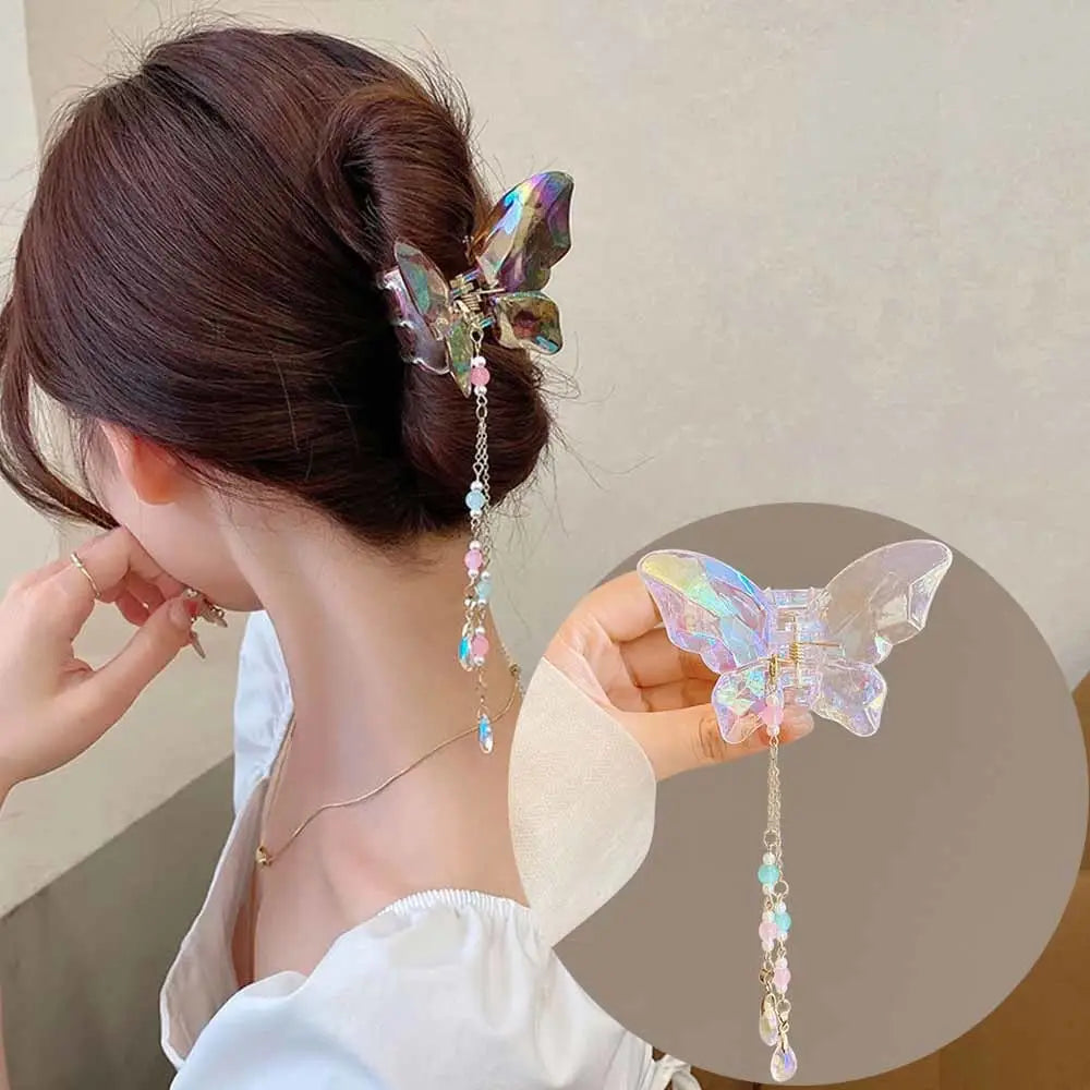 Crystal Butterfly Claw Hair Clip with Elegant Beaded Chains - hair accessory