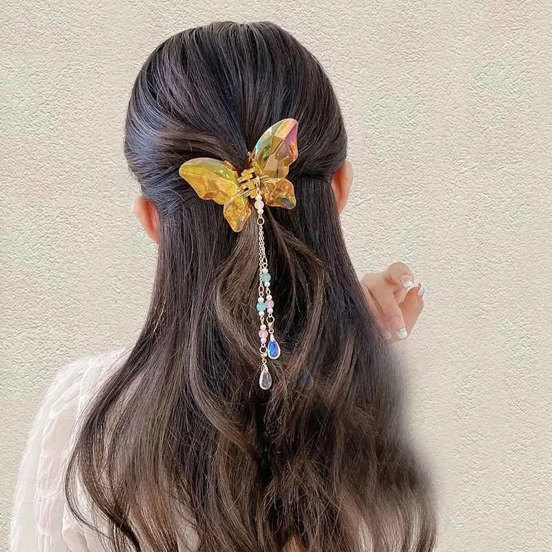 Crystal Butterfly Claw Hair Clip with Elegant Beaded Chains - hair accessory