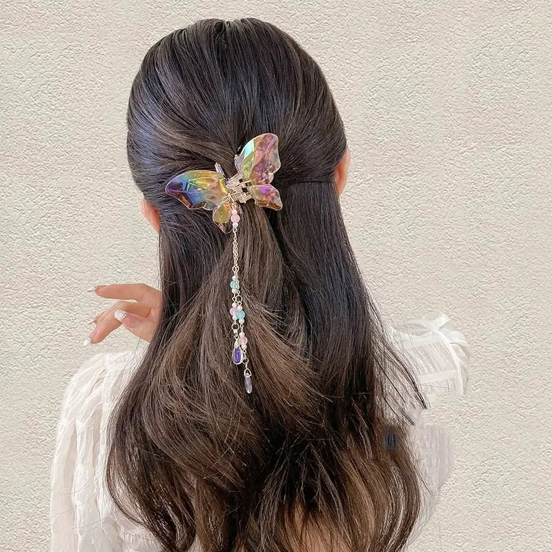 Crystal Butterfly Claw Hair Clip with Elegant Beaded Chains - hair accessory