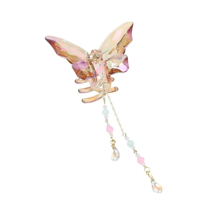 Crystal Butterfly Claw Hair Clip with Elegant Beaded Chains - hair accessory